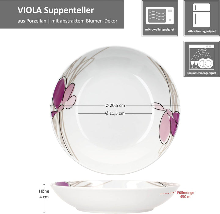 MamboCat Viola 6er Set Suppenteller I 450ml I Porzellan-Geschirr mit Blumen-Dekor für 6 Personen I T
