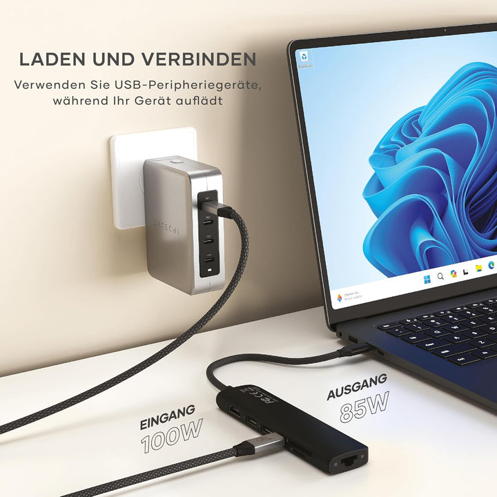 SATECHI 7-in-1 Slim Plus USB-C-Hub, Multiport-Adapter mit Ethernet, 100-W-PD-Ladefunktion, HDMI 4K@6