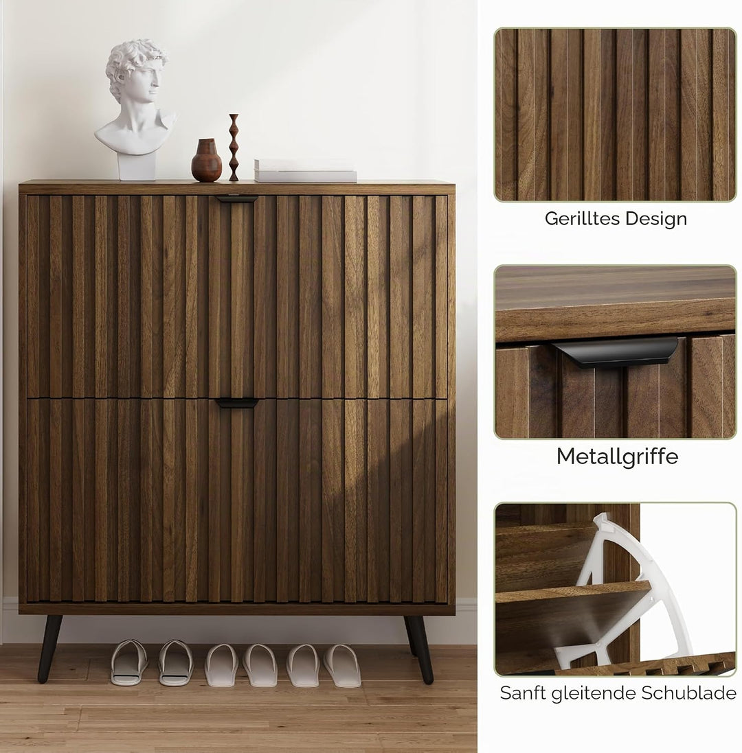 Smuxee Schuhschrank mit 2 Klappschubladen, 80 cm, Walnussholz, versteckter Schuhschrank mit geriffel