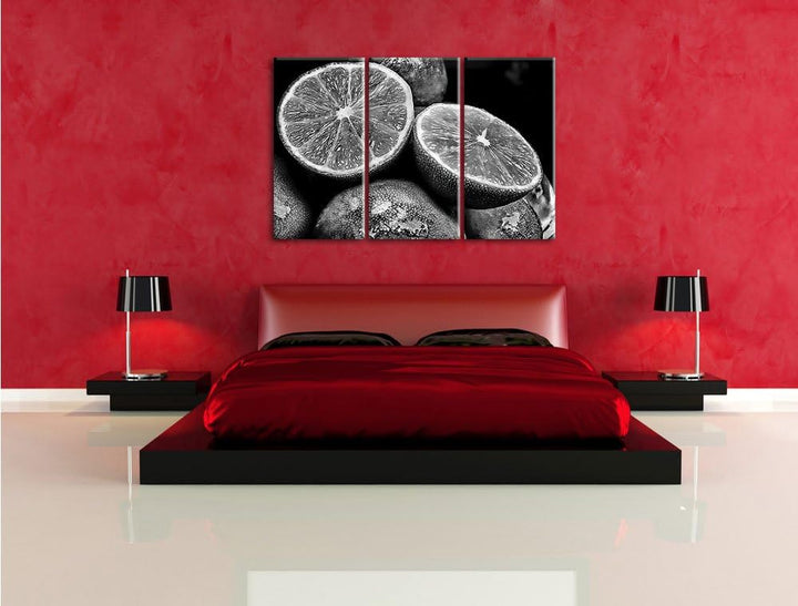 Pixxprint Monocrome, aufgeschnittene Limetten 3-Teiler Leinwandbild 120x80 Bild auf Leinwand