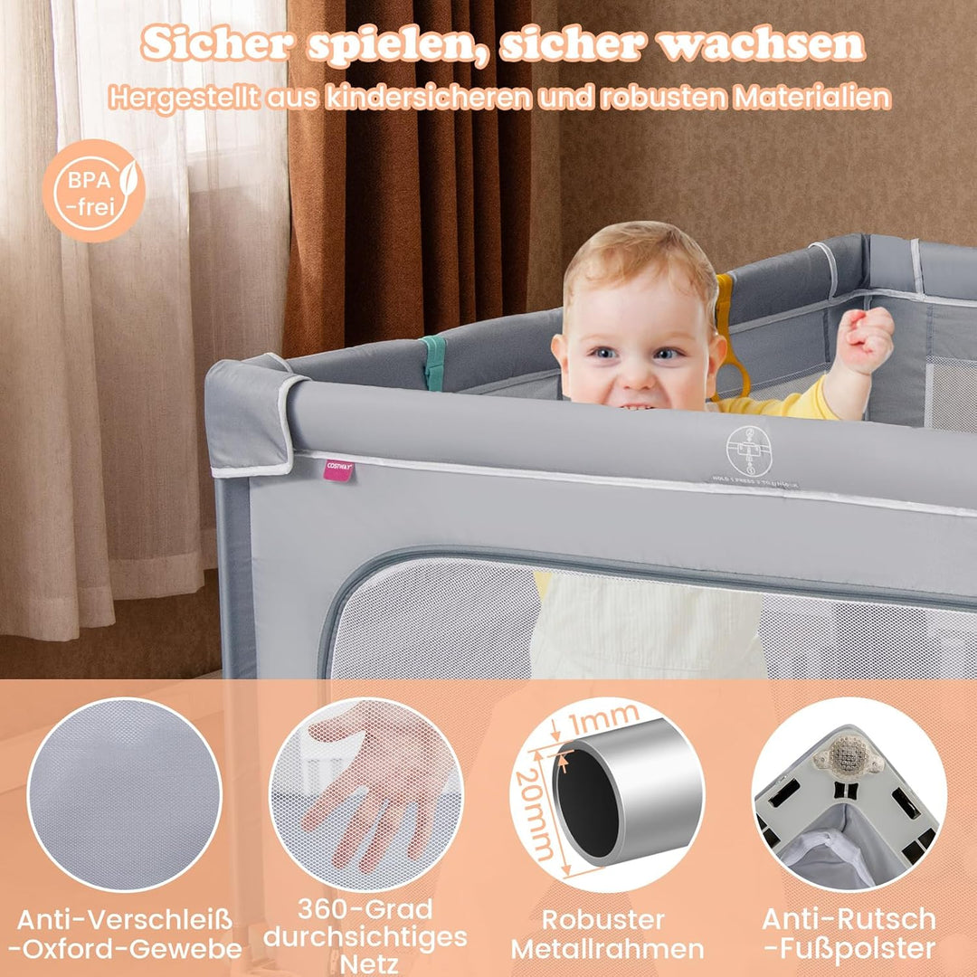 GOPLUS 150 x 150cm Laufstall Babys, Laufgitter faltbar mit 50 bunten Bällen, 4 Griffen &amp; Tragetasche