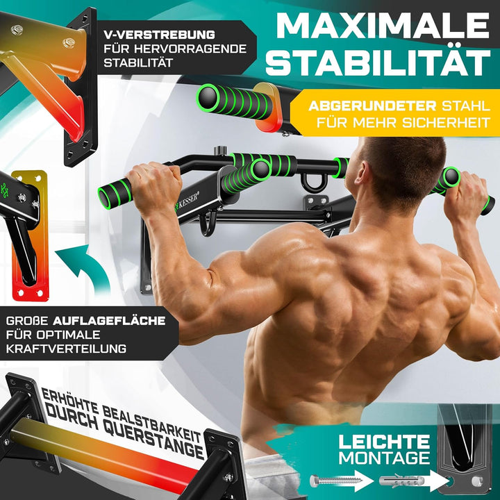 KESSER® 4in1 Klimmzugstange zur Wandmontage rutschfesten Griffen zusätzliche Funktion für Seile Ring