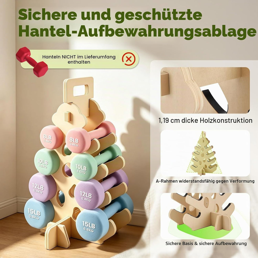 Hantelständer aus Holz, 4-stufiges Hantelregal für Neopren- &amp; Vinyl-Hanteln, platzsparender Kurzhant