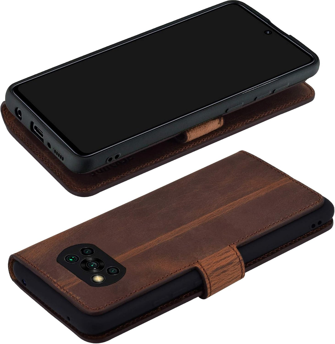 Suncase Book-Style Hülle kompatibel mit Xiaomi Poco X3 NFC Leder Tasche (Slim-Fit) Lederhülle Handyt