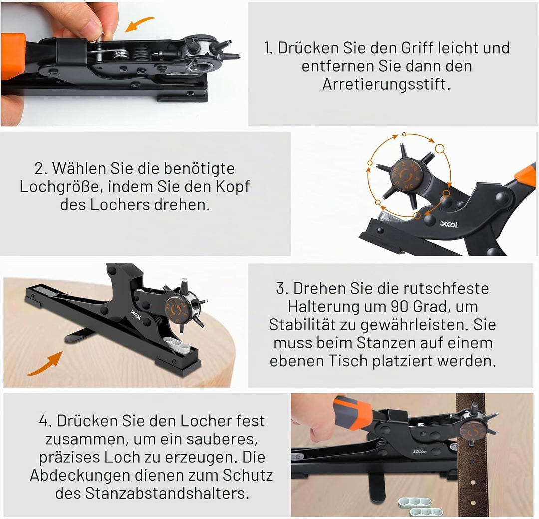 XOOL Lochzange für Leder, Gürtel Lochzange mit Hebelübersetzung, Ermüdungsfreies Arbeiten, Locher, G