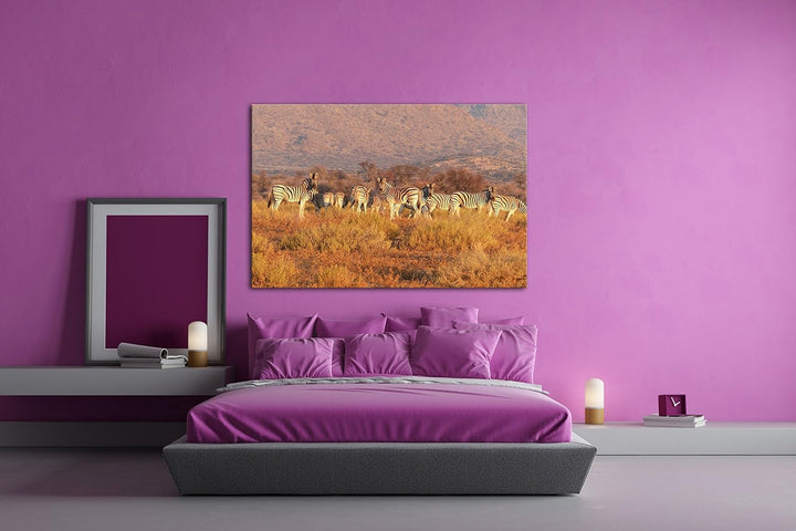 deyoli kleine Zebra Gruppe in der Savanne Format: 100x70 als Leinwand, Motiv fertig gerahmt auf Echt