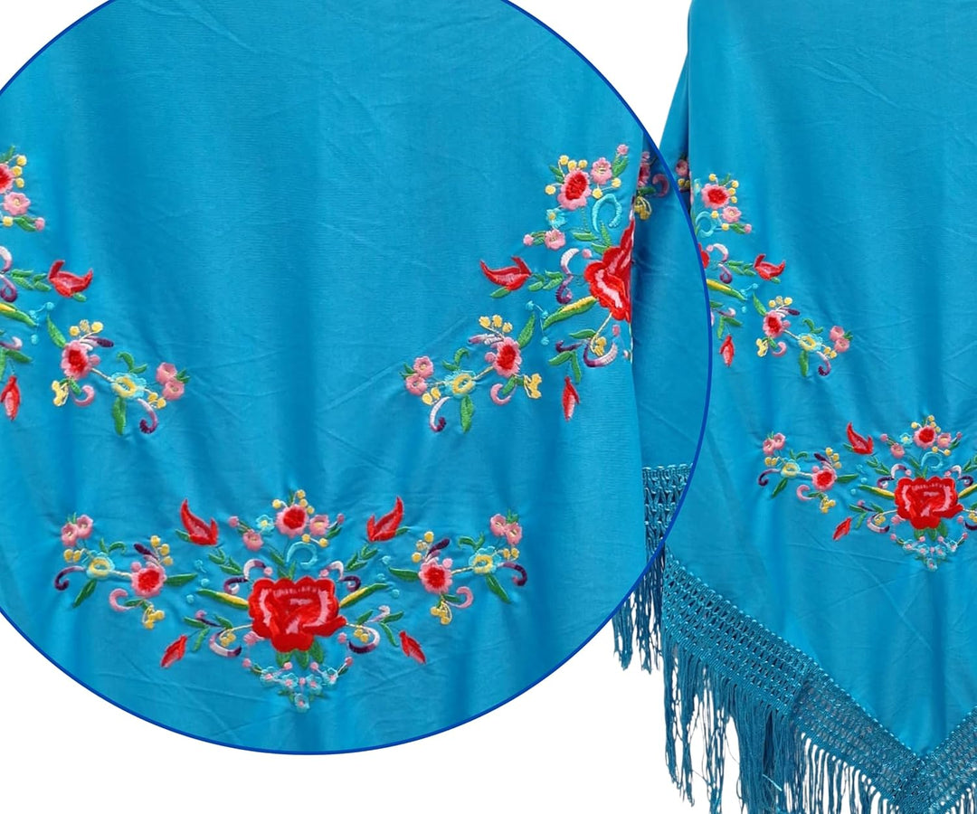 Schal mit Blumenstickerei mit Zubehör Blau, 3 Blumen, Blau, 3 Blumen