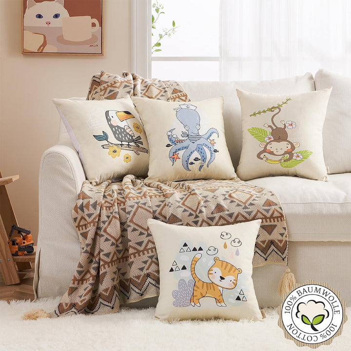 100% Baumwolle Kinder Kissenbezüge 40x40, Deutsche Standard-Qualität | 4er-Set Niedliche Tiermotive: