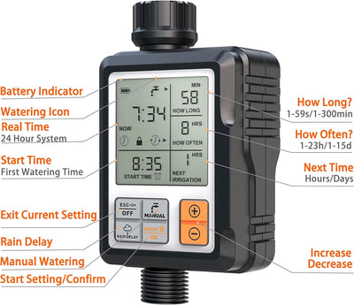 CROSOFMI Bewässerungscomputer Wasserzeitschaltuhr Garten Zeitschaltuhr Bewässerung,Grosses 3-Zoll-Di