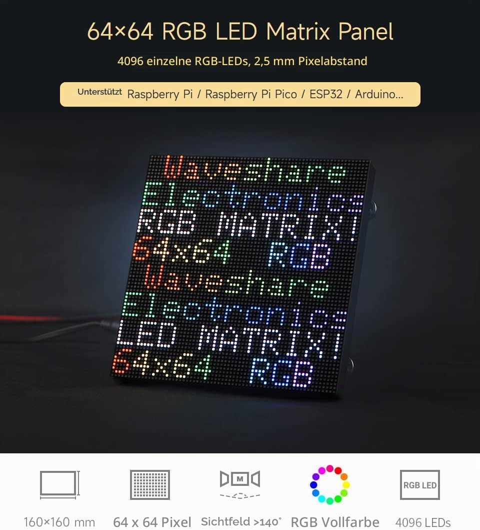 Waveshare RGB Full-Color LED Matrix Panel 2.5mm Pitch 64x64 Pixels Adjustable Brightness Compatible