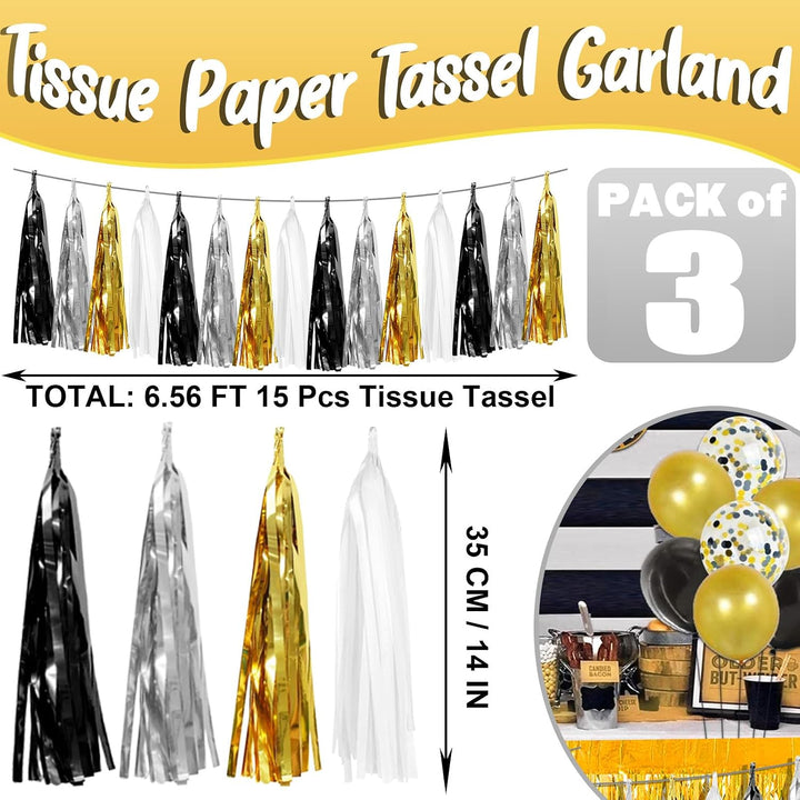 3P Schwarz Gold Silber Folie Fransen Metallic Quaste Girlande, Quasten Banner Luftschlangen für Para