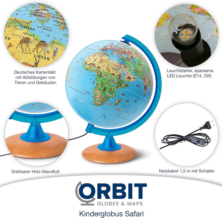 ORBIT GLOBES & MAPS Kinder-Globus - 25cm Globus mit Holzfuss, Deutsches Kartenbild von 2023 mit viel