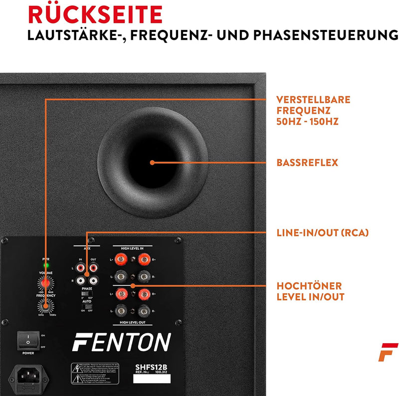 Fenton SHFS12B Subwoofer aktiv 12 Zoll, 400 Watt Sub Woofer, Integrierter Verstärker, Bass Box, Perf