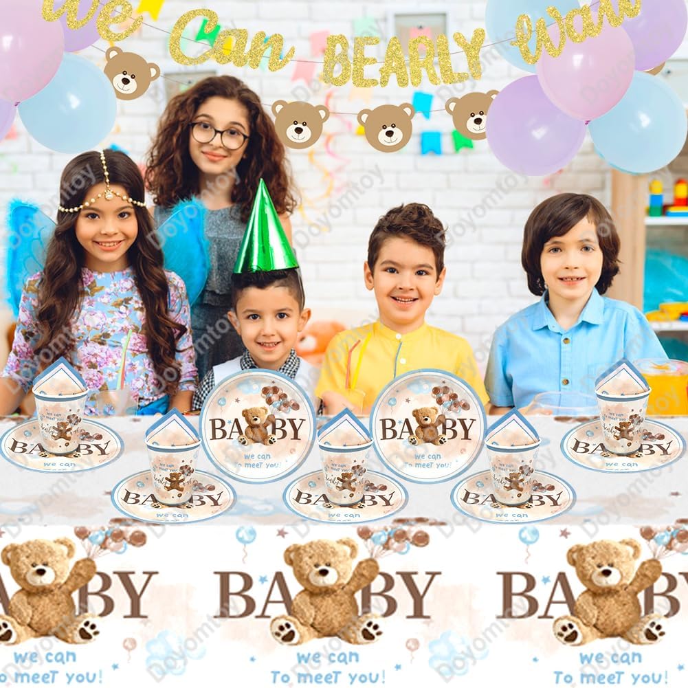 Doyomtoy Plüschbär Partygeschirr, 61 Stück Bärchen Geburtstag Deko Baby Geburtstag Bärs Tassen Servi