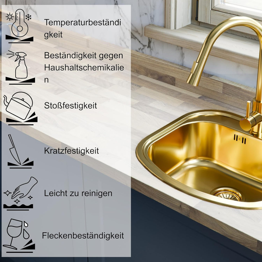 QUADRON | Einzelbecken RAY PVD-Edelstahlspüle | Waschbecken mit Abtropffläche | Abfluss inklusive |