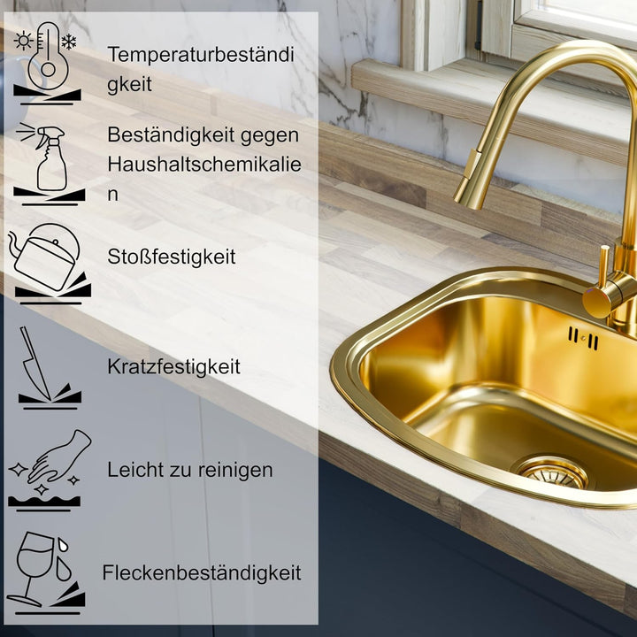 QUADRON | Einzelbecken RAY PVD-Edelstahlspüle | Waschbecken mit Abtropffläche | Abfluss inklusive |