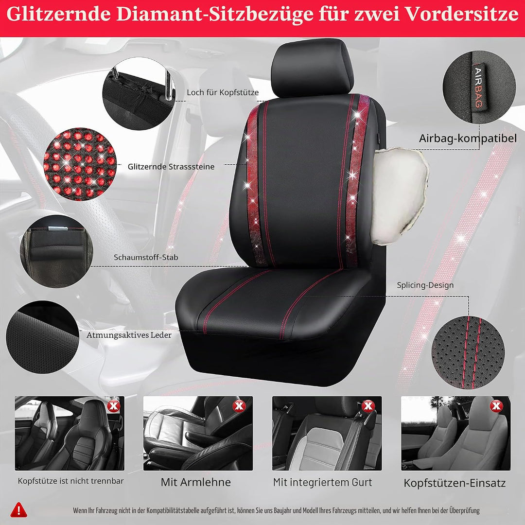 CAR PASS Wasserdicht Leder Autositzbezüge, Bling Diamant 2 Vordersitzbezüge, Glänzend Kristall Glitz