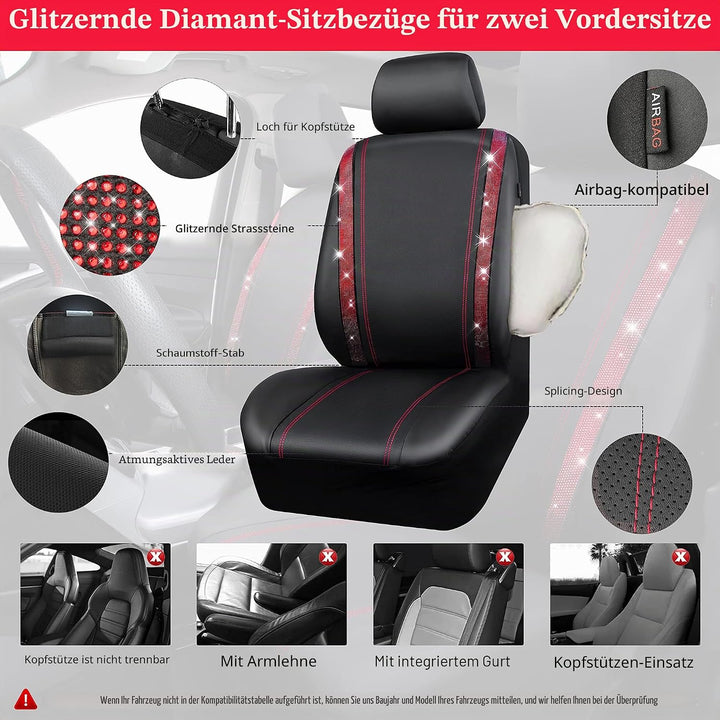 CAR PASS Wasserdicht Leder Autositzbezüge, Bling Diamant 2 Vordersitzbezüge, Glänzend Kristall Glitz