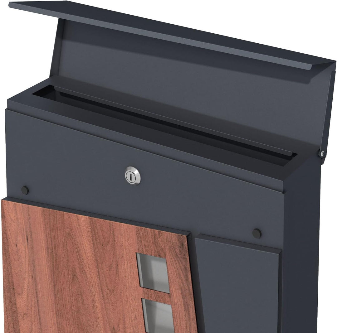 SCHARTEC® Briefkasten Holz Design & anthrazit mit Zeitungsfach modern & gross Wandbriefkasten Postka