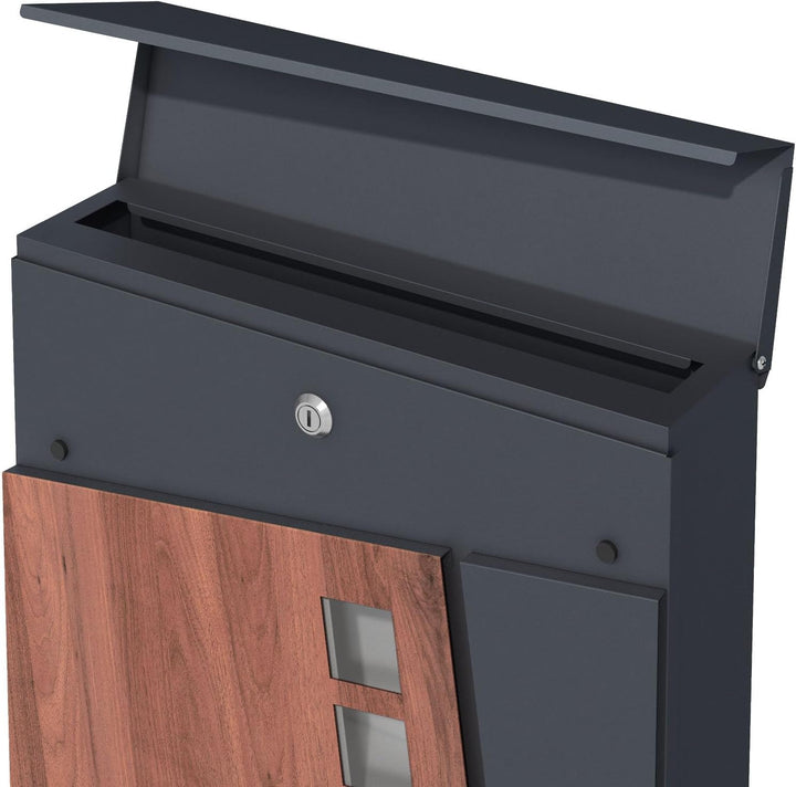 SCHARTEC® Briefkasten Holz Design & anthrazit mit Zeitungsfach modern & gross Wandbriefkasten Postka