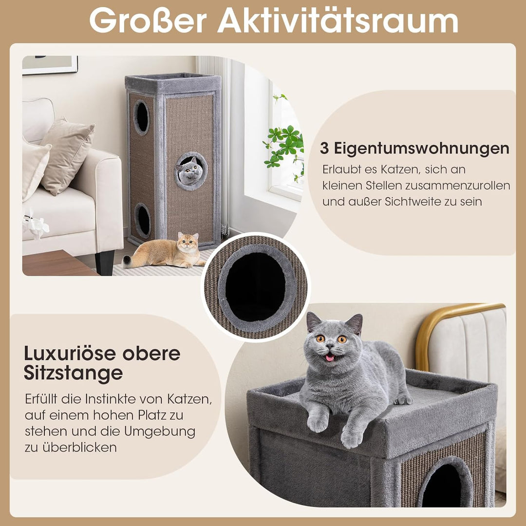 COSTWAY 4-stöckige Kratztonne Katzentonne, Kratzbaum mit Kratzbrett, 3 Katzenhöhlen &amp; Kissen, Spielt