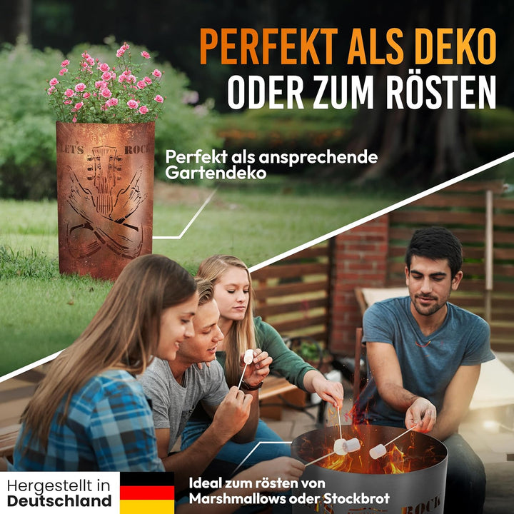 TiKo-Design® Feuertonne - Lagerfeuertonne - Feuerkorb mit Let`s Rock Motiv – Verleihen Sie Ihrem Gar