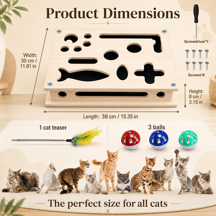 2 in 1 Katzen Kratzpuzzle Box, Beschäftigungsbox Krallenfeile mit 3 Glockenbällen, Katzen Krallenpfl