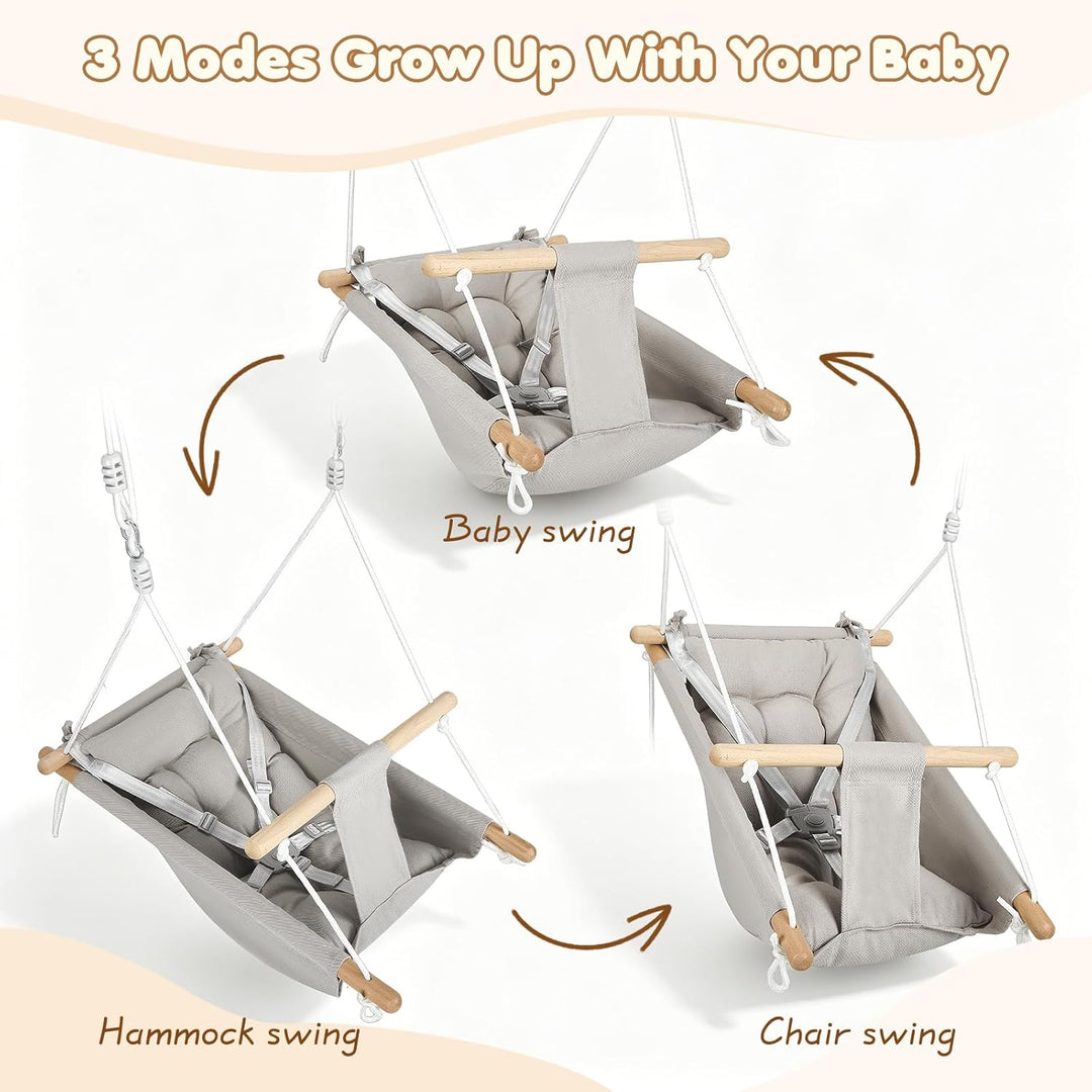 Babyschaukel 3 in 1, Holz-Hängeschaukelsitz mit Sicherheitsgurt und Baumwollkissen, Einstellbar Baby