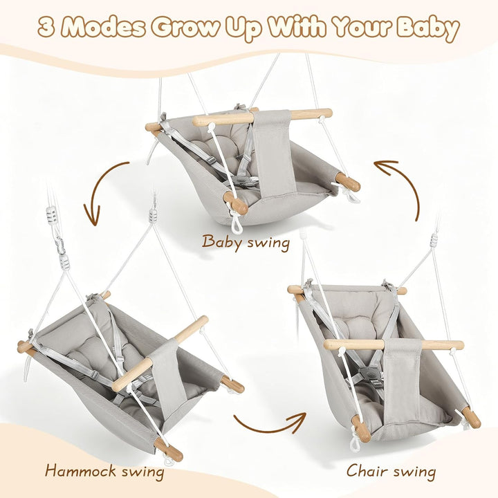 Babyschaukel 3 in 1, Holz-Hängeschaukelsitz mit Sicherheitsgurt und Baumwollkissen, Einstellbar Baby