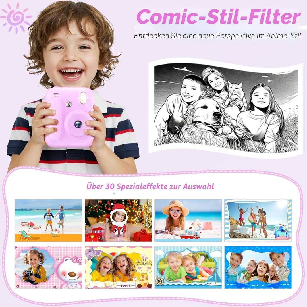 Sofortbildkamera für Kinder, 1080P Kinderkamera mit 5 Rollen Druckpapier, 32GB-Karte und Farbstiften
