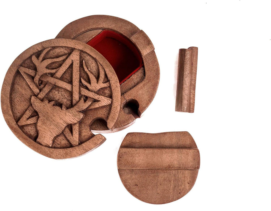 WINDALF Zauberdose CERNUNNOS Ø 9 cm Hirsch & Pentagramm Schmuckdose Handarbeit aus Holz