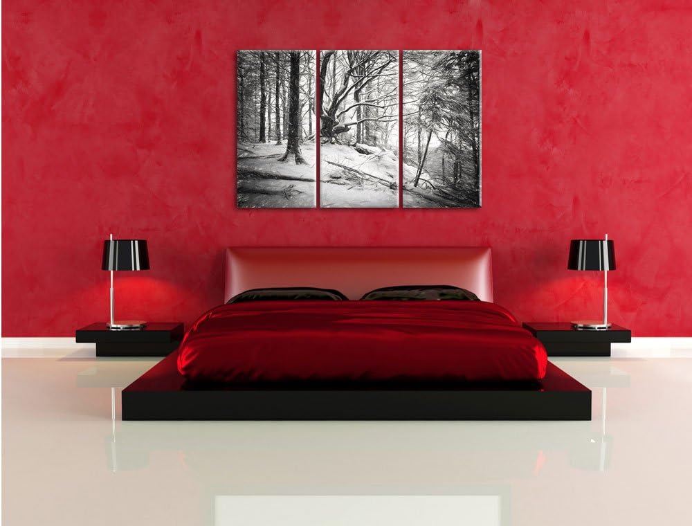 Pixxprint Wald mit Schnee bedeckt als Leinwandbild/Grösse: 3 Teilig (120x80) cm/Wandbild/Kunstdruck/
