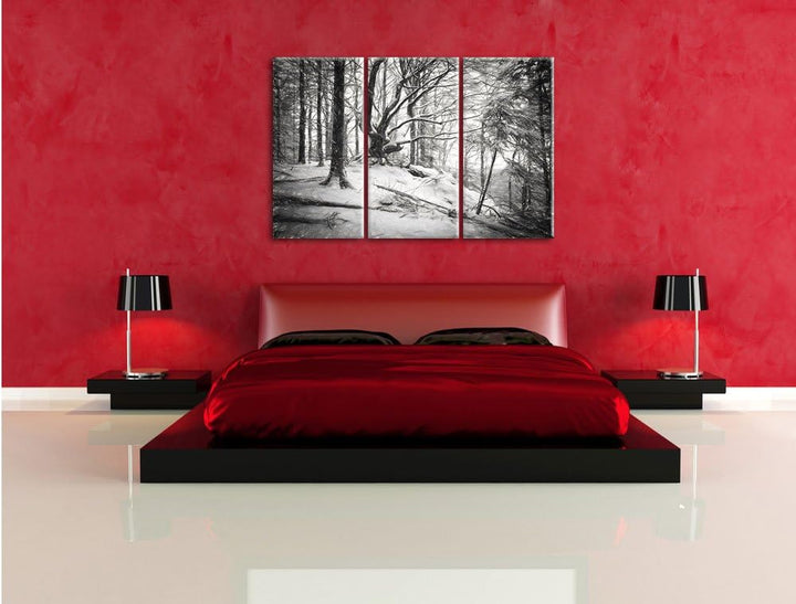 Pixxprint Wald mit Schnee bedeckt als Leinwandbild/Grösse: 3 Teilig (120x80) cm/Wandbild/Kunstdruck/