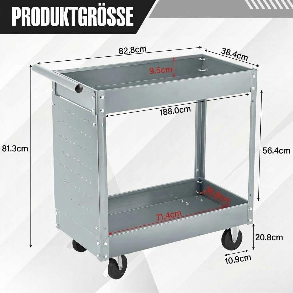 Werkzeugwagen Rollbar 2 Ebenen, Bis 150 kg Belastbar, Metall Werkstattwagen Mit Rollen und Lochwand,