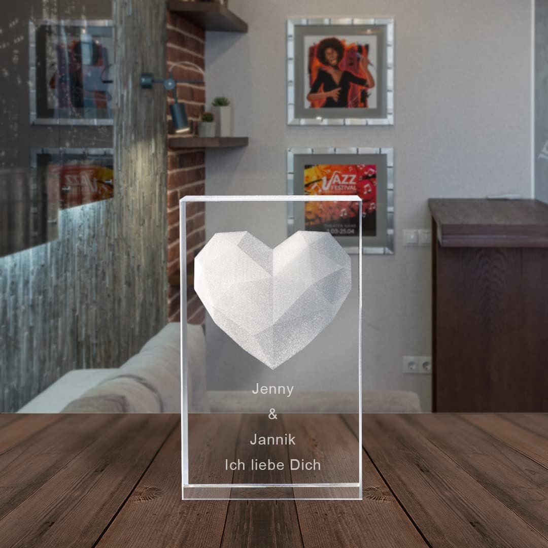 LOOXIS Personalisierte 3D Herz-Gravur im Glas – versch. Motive, Namen, Wunsch-Text – Geschenk-Idee z