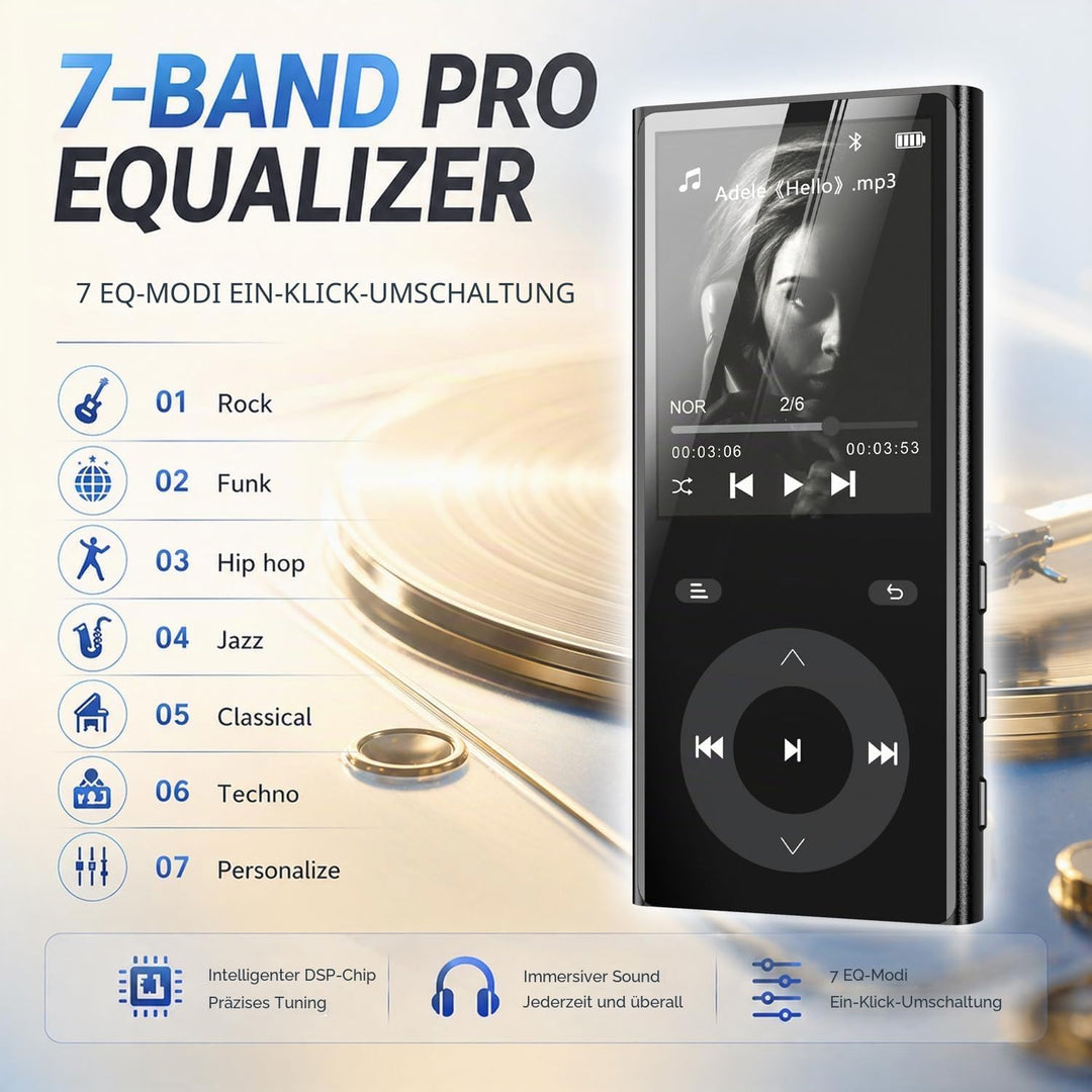 90GB MP3 Player Bluetooth 5.3, Musik Player 2 TF-Kartensteckplätzen, 2,4" Farbbildschirm, Touch-Tast