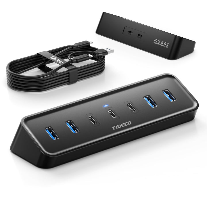 FIDECO 7 Port USB 3.0 Hub mit 1.2m Kabel für Desktop/PC/MacBook, 5Gbps USB Verteiler mit 4 USB-A + 3
