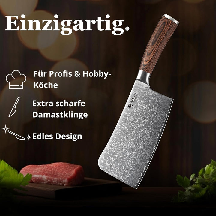 Wakoli EDIB Sakura Knochenhackmesser 18 cm Damast Hackbeil aus 67 Lagen & VG10 Kern, 60–62 HRC Schar