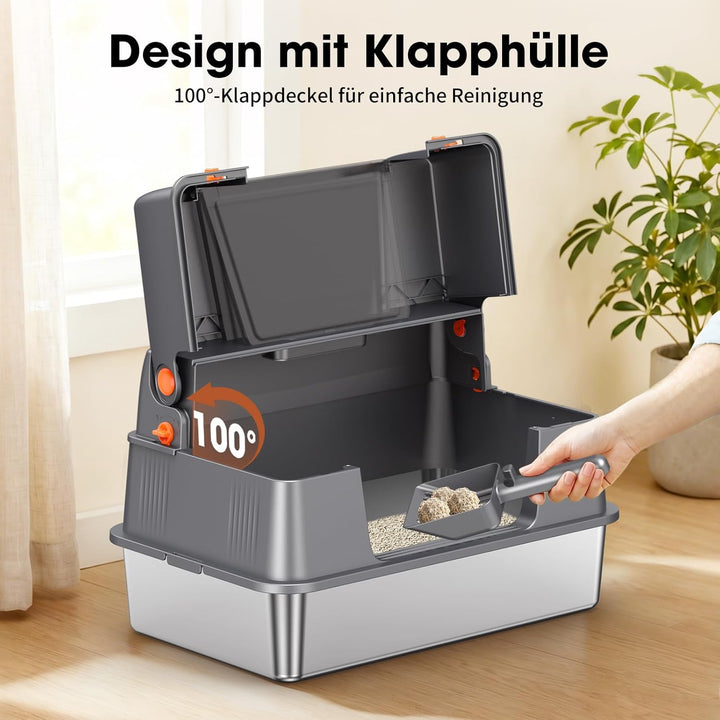 Edelstahl Katzentoilette Geschlossen 100° Klappdeckel,Dunkelgrau | Metallwanne, Vollständige Öffnung