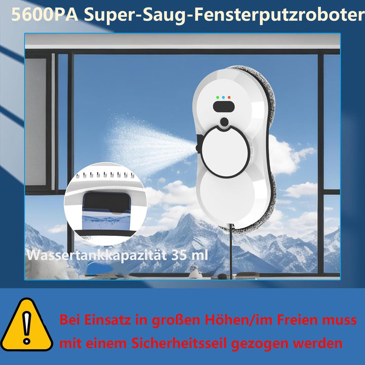 Fensterputzroboter mit Sprühfunktion, 5600 Pa Elektrischer Fensterreiniger, 3 Reinigungsmodi, Smart