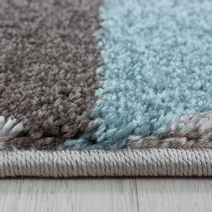 Modern Designer Kurzflor Teppich, Geometrische Karo Design, Läufer Teppich, Braun - Beige - Blau Far
