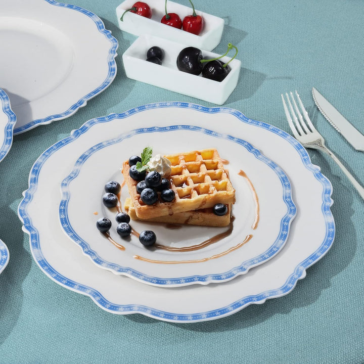 fanquare 4 Stück Dessertteller Set aus Porzellan, Pastateller mit Blau Stern Rand, Kuchenteller Früh