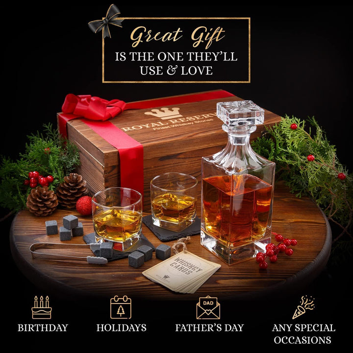 Whisky Geschenkset – Whiskey Gläser, Karaffe, Steine, Eiszange, Untersetzer, Holzkiste, Samtbeutel,