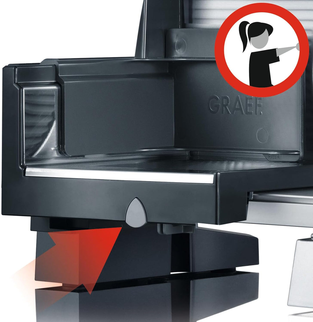 GRAEF Allesschneider STYLE S12002 Schwarz mit Glasbodenplatte, Edelstahl-Wellenschliffmesser, stufen