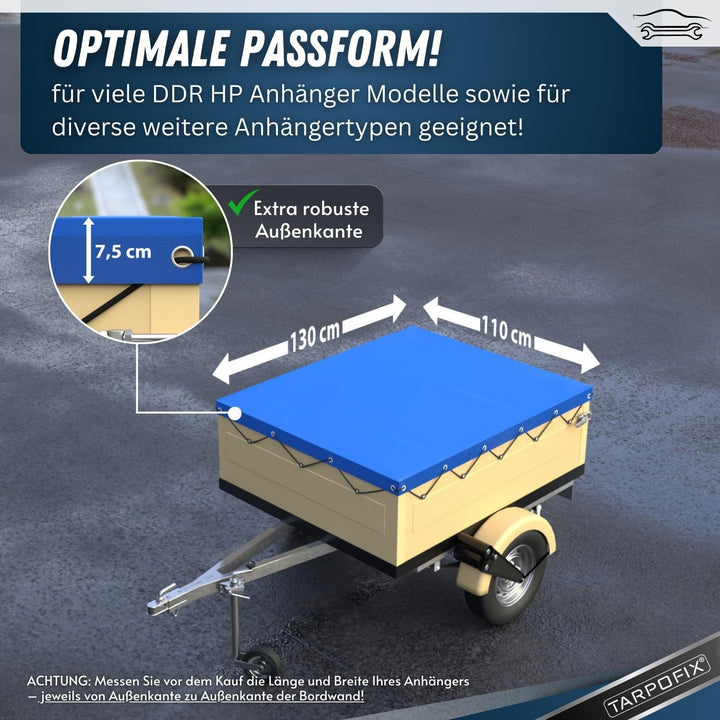 Tarpofix® Anhängerplane Flachplane 130 x 110 x 7,5 cm - inkl. Planengummi - randverstärktes Anhänger