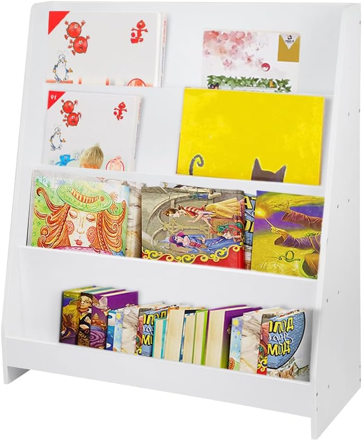 HUOLE Kinderbibliothek, Bücherregal, Spielzeugkiste mit Rädern, Kinderbücherregal aus Holz, Bücherre