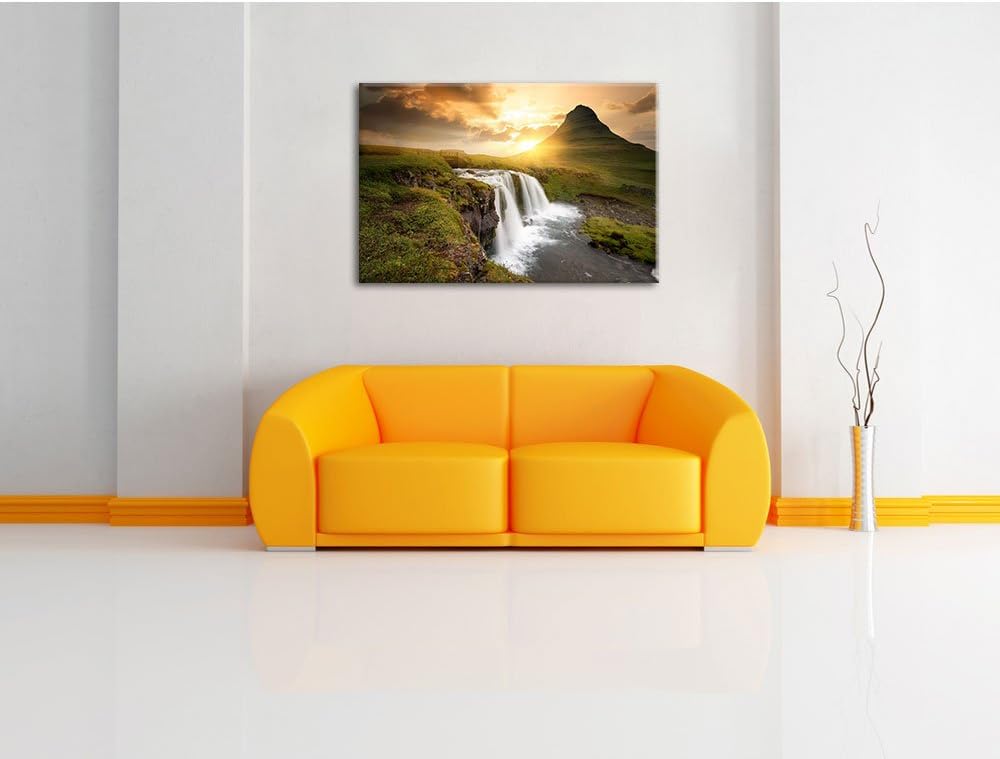 Pixxprint Wasserfall bei Sonnenuntergang als Leinwandbild/Grösse: 100x70 cm/Wandbild/Kunstdruck/fert
