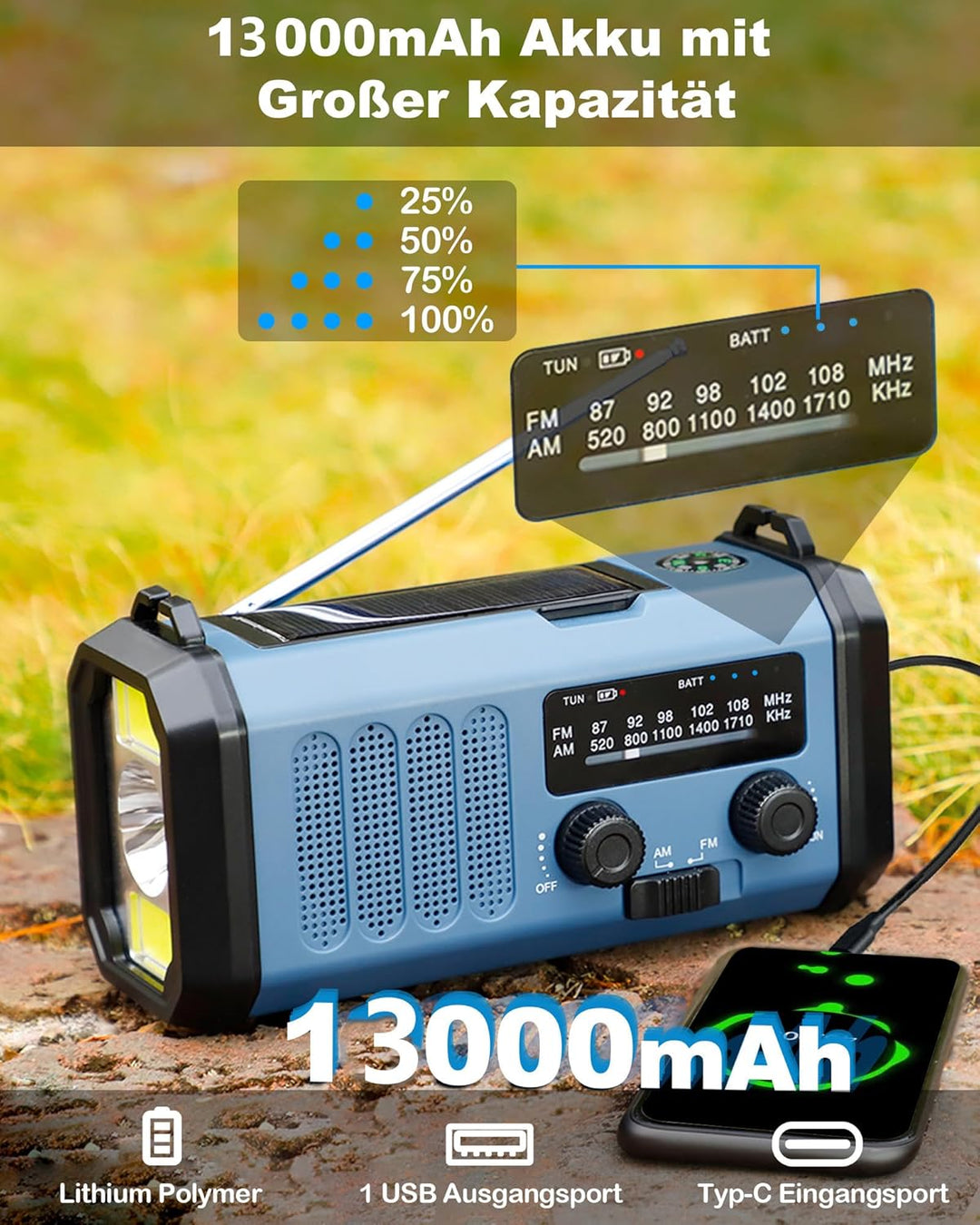 10000mAh Tragbare Solar Kurbelradio, Dynamo Weltempfänger Notradio mit AM FM Radio, Aufladbar Powerb