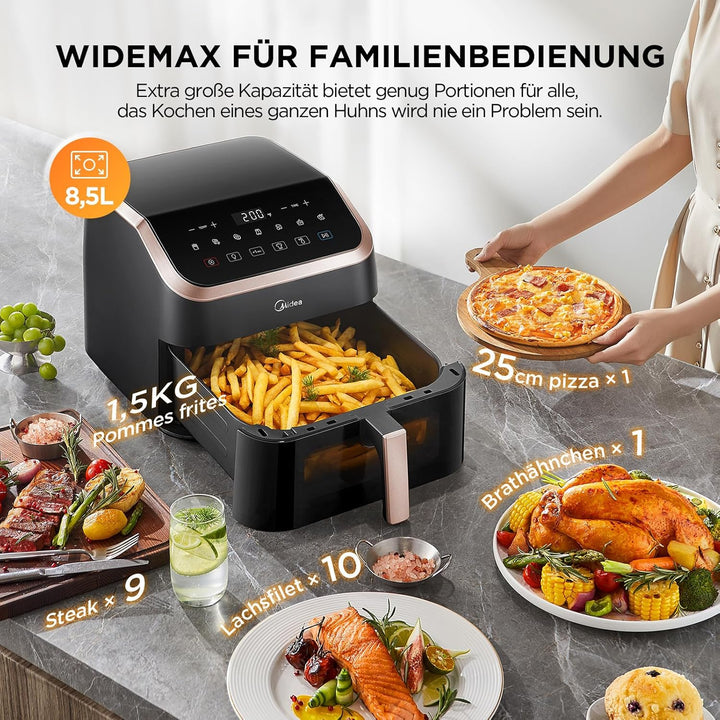Midea Heissluftfritteuse XXL AirFryer 8.5L, 8-in-1 Heissluftfritteuse mit Sichtfenster, Extra breite