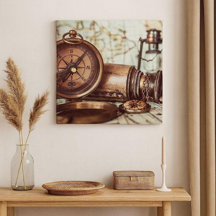 Bilder auf Leinwand 70x70cm Leinwandbild Kompass Teleskop Abenteuer antik Gross Wanddeko Bild Schlaf